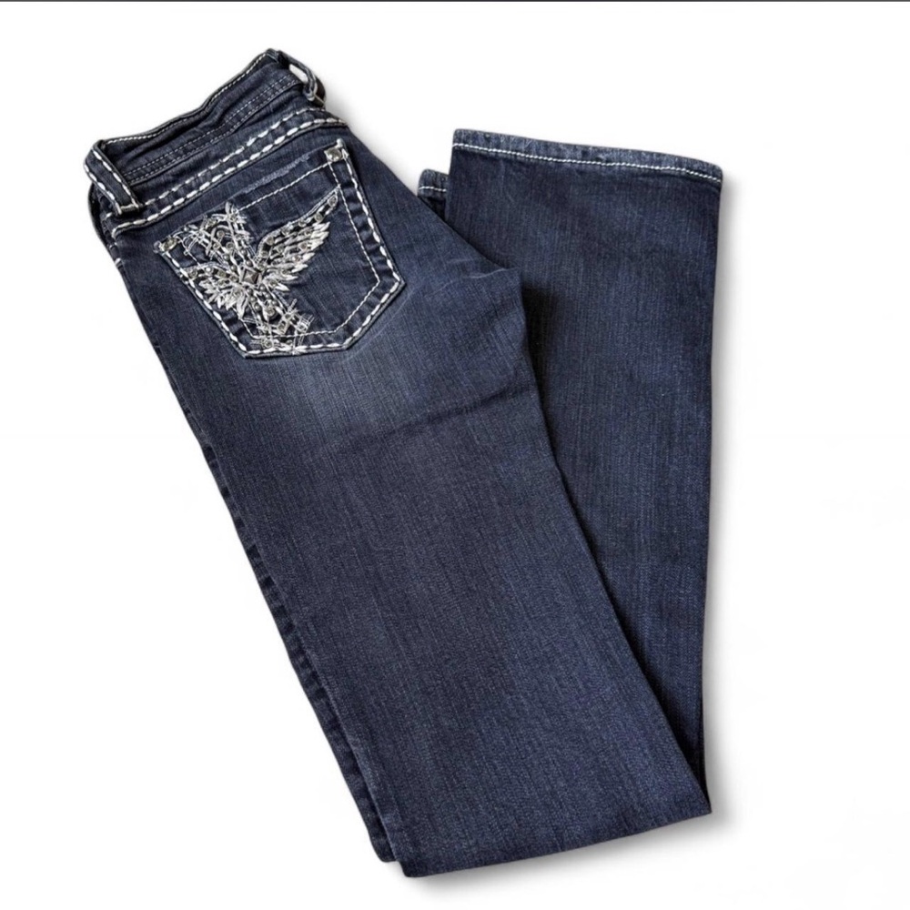 Y2K Miss Me Boot Cut Jeans With Rhinstones and Contrast Stitching